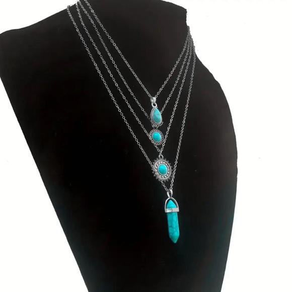 4pcs Set Boho Style Turquoise Colored Layered Necklaces Choker Fashion Elegant - Picture 2 of 6